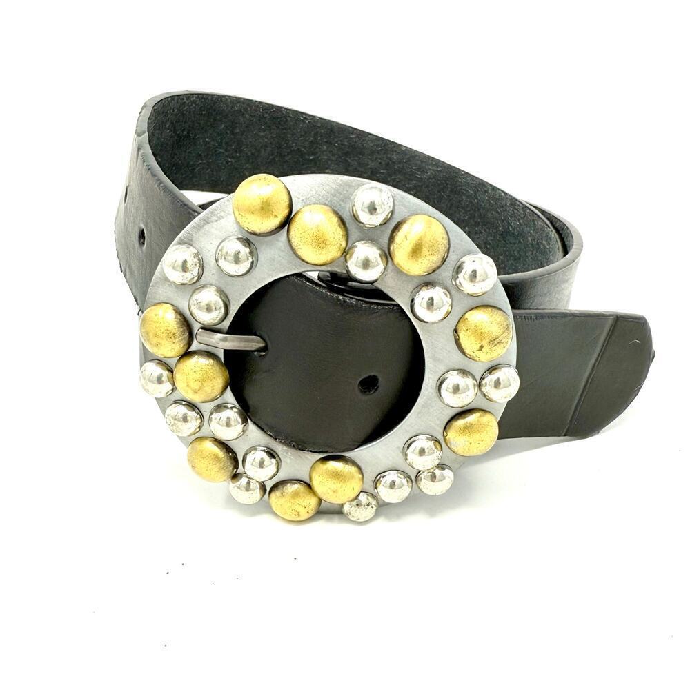Synthetic Black Leather Belt w/ Gold & Silver Toned Dots Embellished Buckle EUC